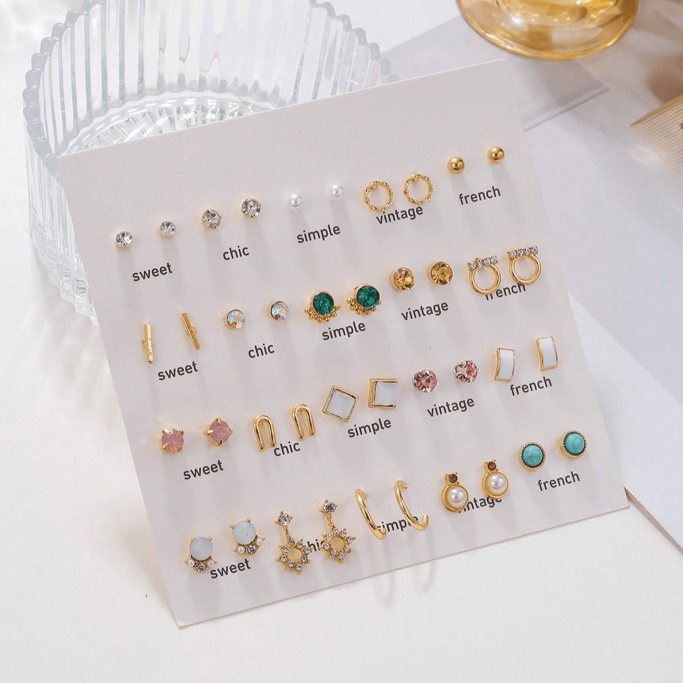 40-Pair Geometric Pearl & Rhinestone Earring Set
