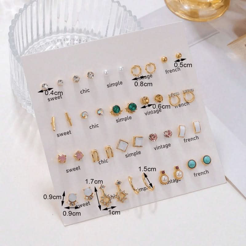 40-Pair Geometric Pearl & Rhinestone Earring Set
