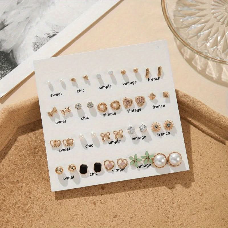 40-Pair Geometric Pearl & Rhinestone Earring Set