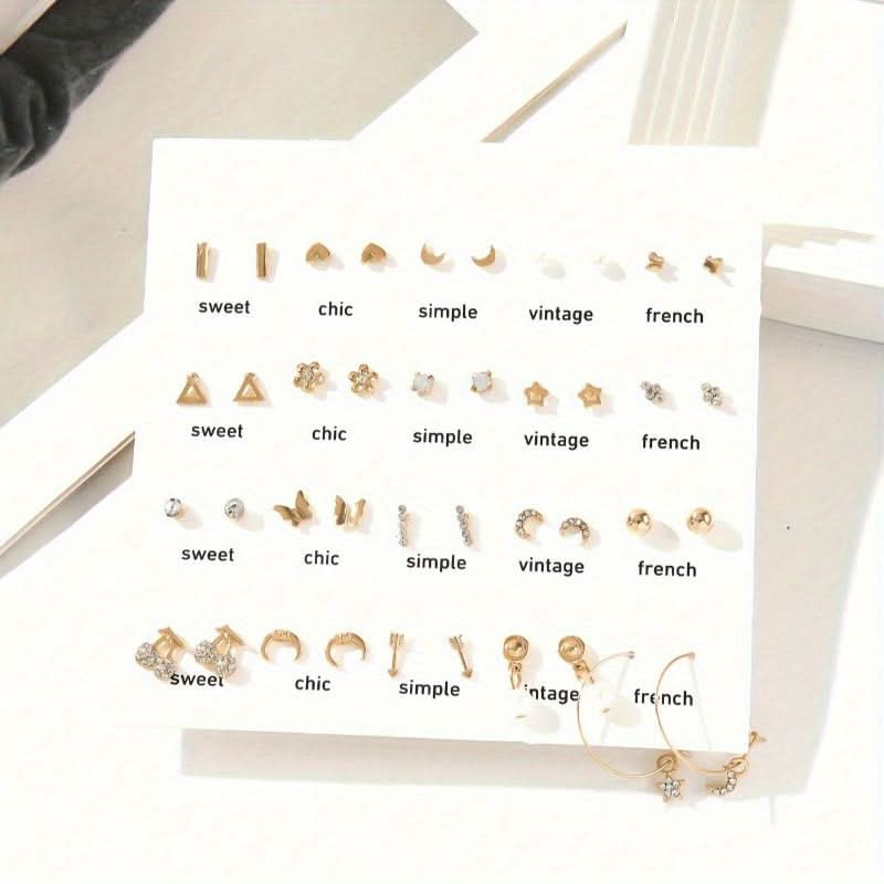 40-Pair Geometric Pearl & Rhinestone Earring Set