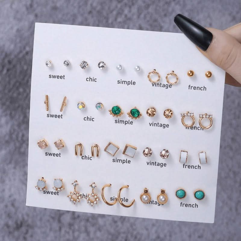40-Pair Geometric Pearl & Rhinestone Earring Set