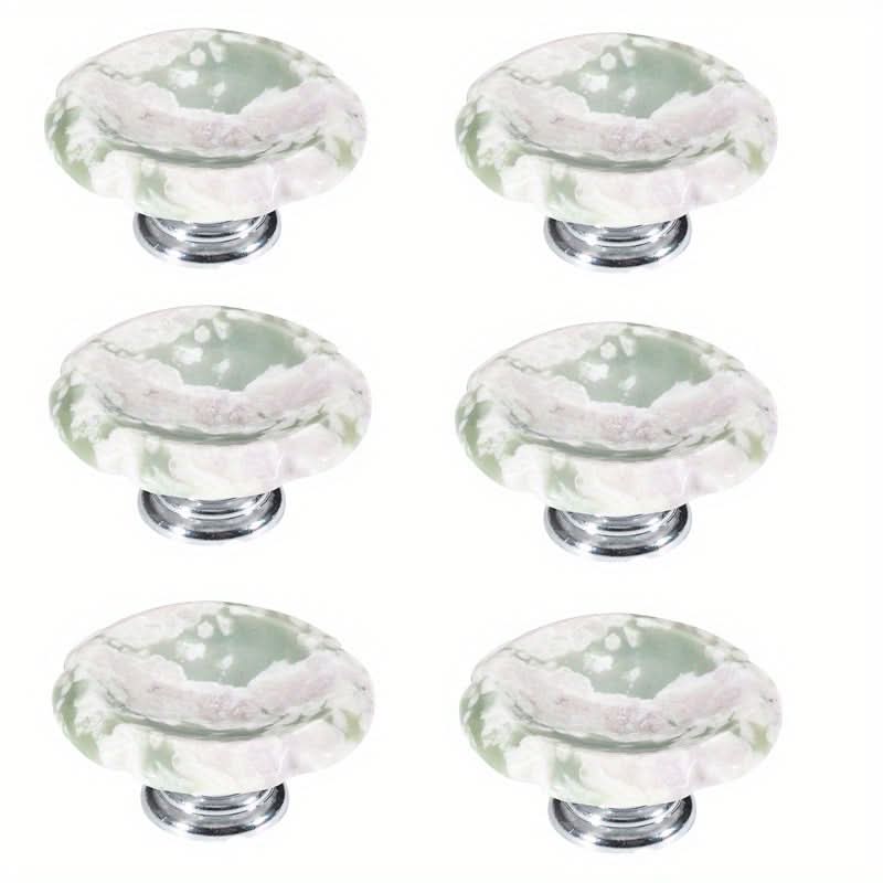 6-Pack Stone Flower Cabinet Handles – Round Aluminum Base with Natural Relief Stone Design