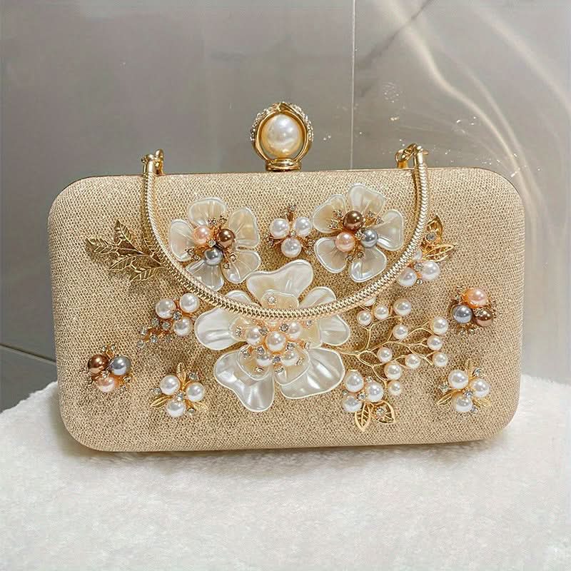 Beige Floral Pearl Beaded Wedding Clutch