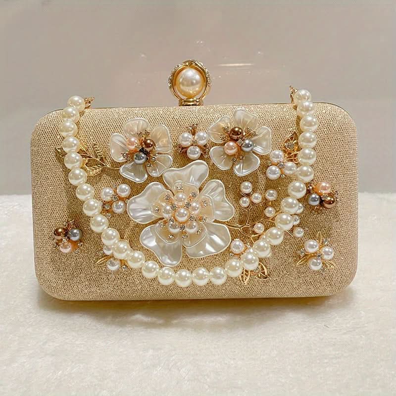 Beige Floral Pearl Beaded Wedding Clutch
