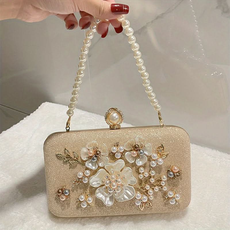 Beige Floral Pearl Beaded Wedding Clutch