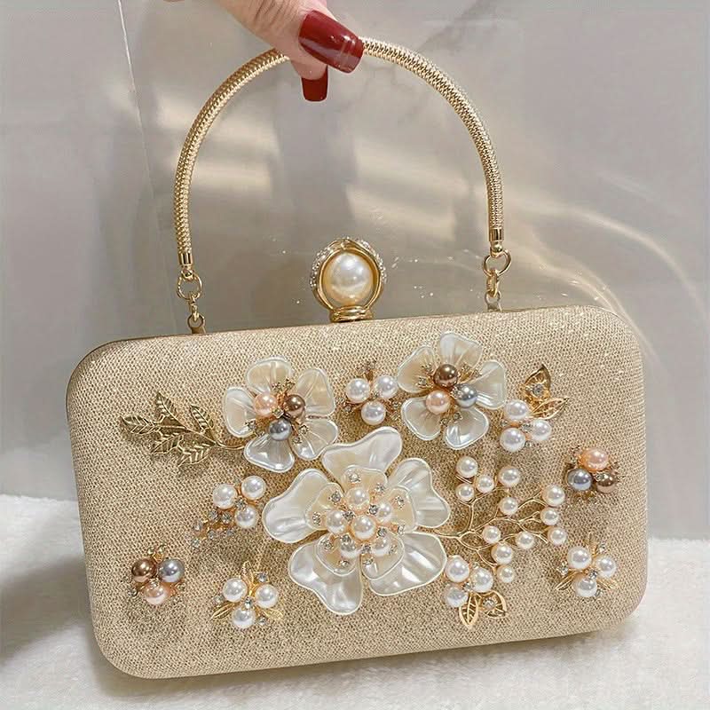 Beige Floral Pearl Beaded Wedding Clutch