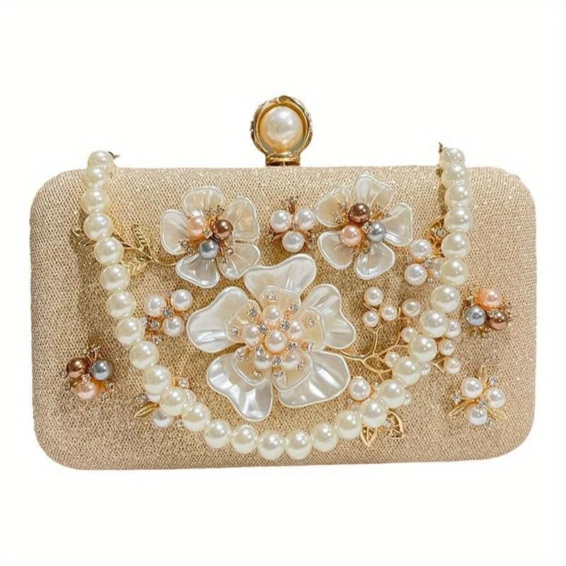 Beige Floral Pearl Beaded Wedding Clutch