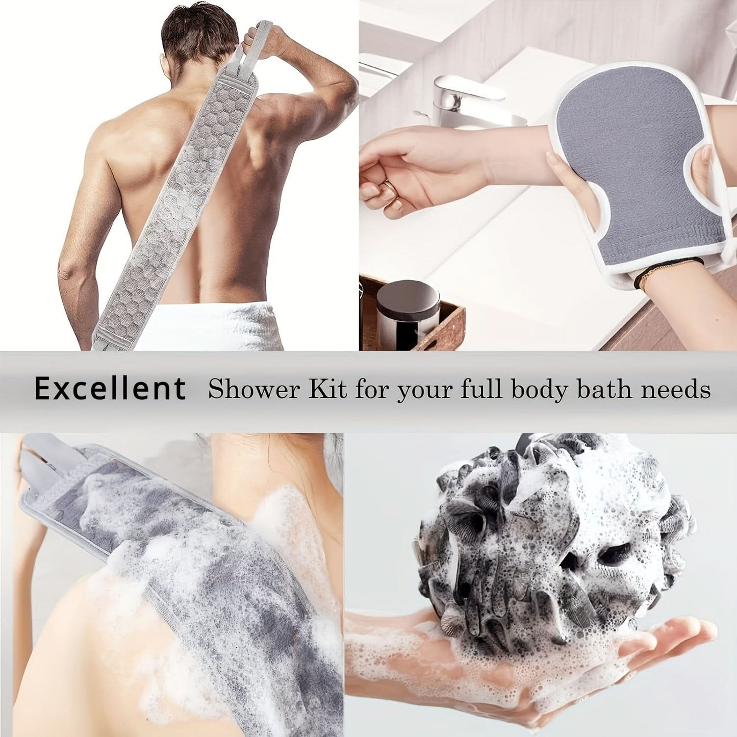 3pcs Bath Exfoliating Kit – Soft Loofah Sponge, Bath Glove, Exfoliating Washcloth