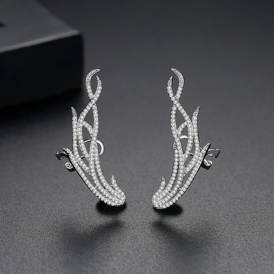 Silver Leaf Zircon Earrings – Elegant Copper Ear Clips for Women’s Fashion Jewelry