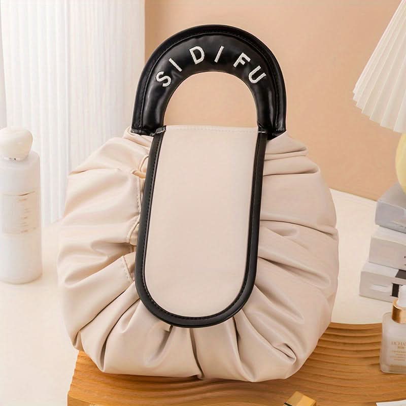 Drawstring Makeup Organizer - PU Leather Chic Cosmetic Pouch with Handle