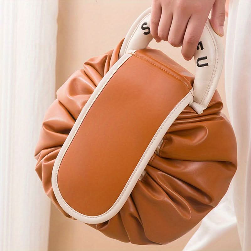 Drawstring Makeup Organizer - PU Leather Chic Cosmetic Pouch with Handle