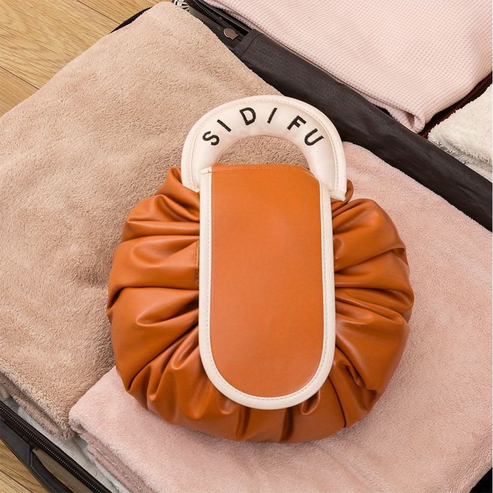 Drawstring Makeup Organizer - PU Leather Chic Cosmetic Pouch with Handle