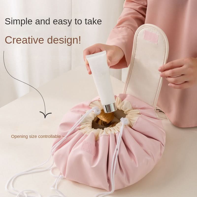 Drawstring Makeup Organizer - PU Leather Chic Cosmetic Pouch with Handle