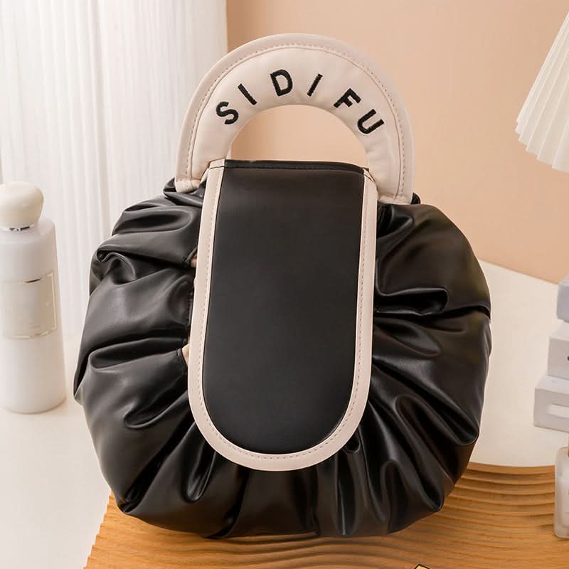 Drawstring Makeup Organizer - PU Leather Chic Cosmetic Pouch with Handle