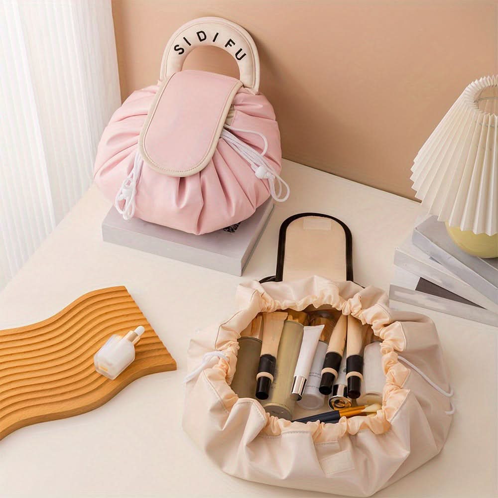 Drawstring Makeup Organizer - PU Leather Chic Cosmetic Pouch with Handle