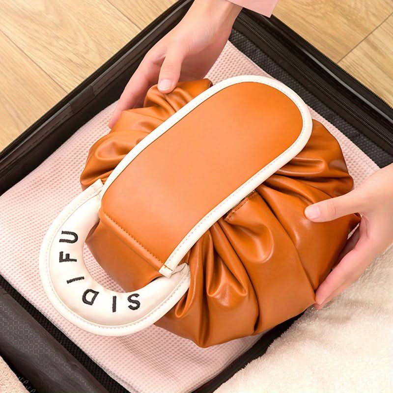 Drawstring Makeup Organizer - PU Leather Chic Cosmetic Pouch with Handle