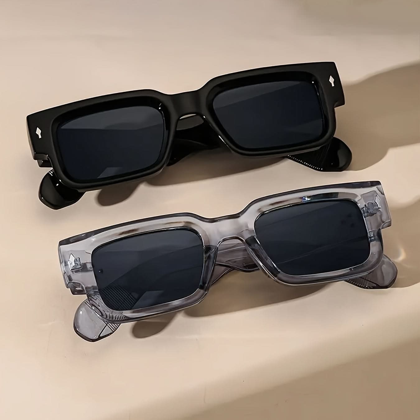 2 Retro Square Fashion Glasses – Unisex Thick Frame Sunglasses for Beach