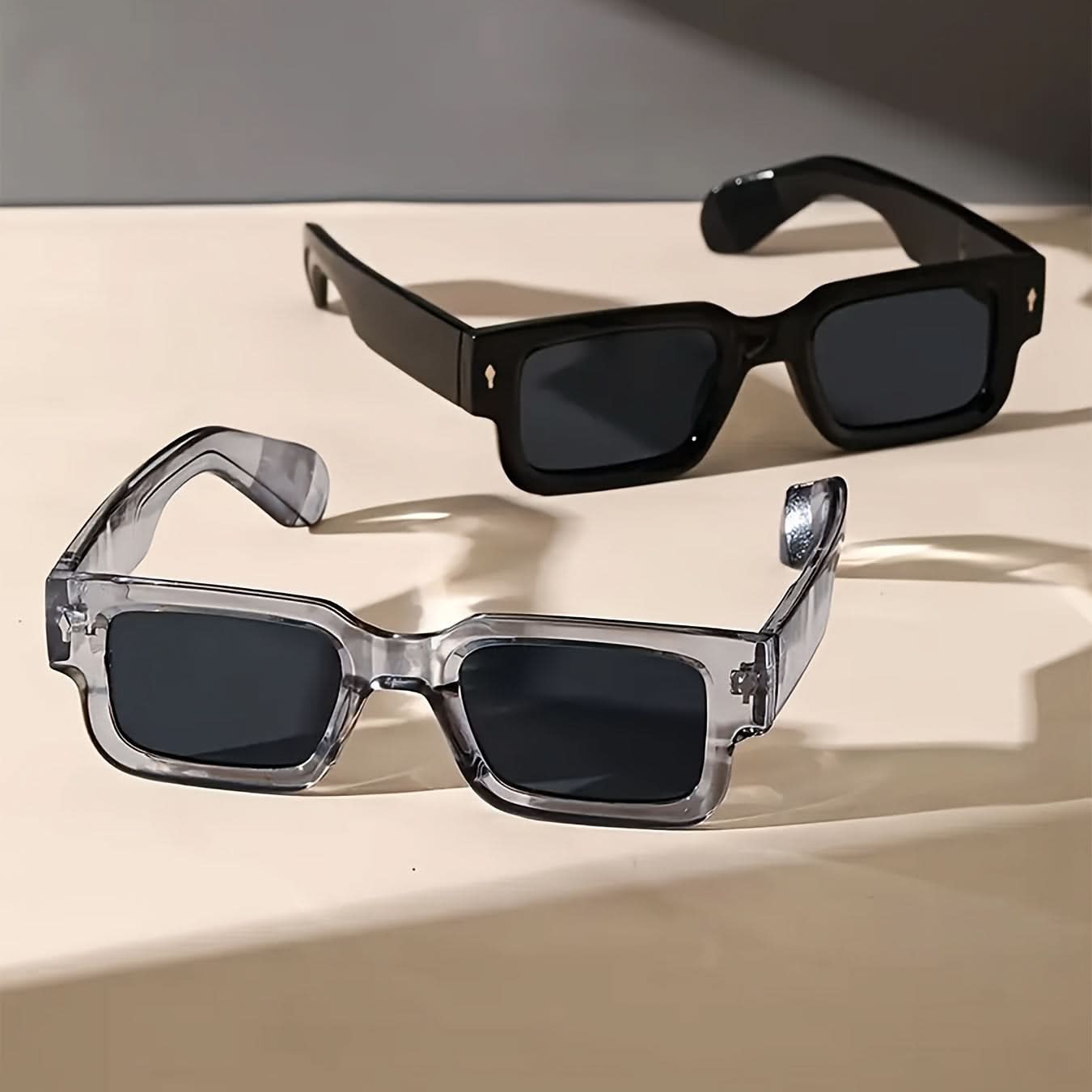 2 Retro Square Fashion Glasses – Unisex Thick Frame Sunglasses for Beach