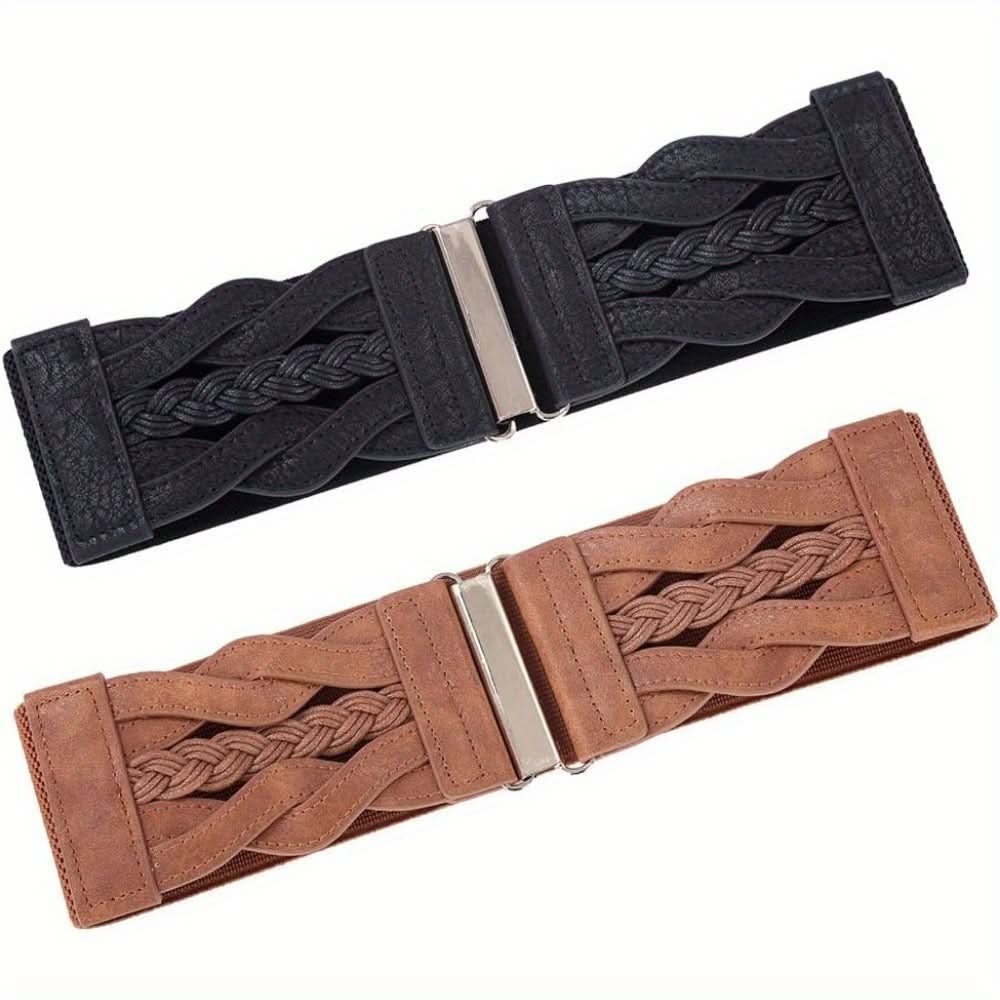 2Pcs Vintage Braided Elastic Wide Belts