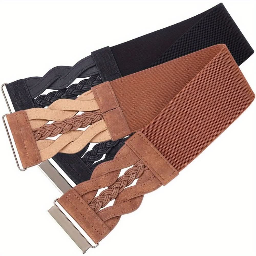 2Pcs Vintage Braided Elastic Wide Belts