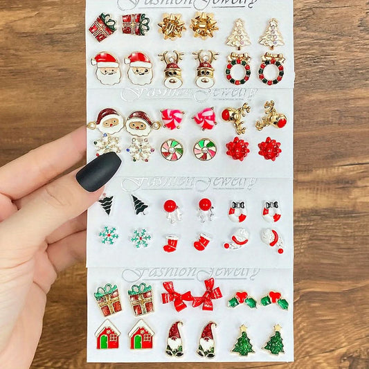 Pack of 30 Pairs Christmas Stud Earrings Set – Cute Enamel