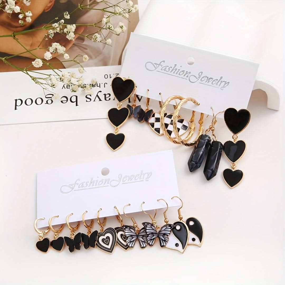 Trendy Hoop Earrings Set with Heart & Stone Pendants