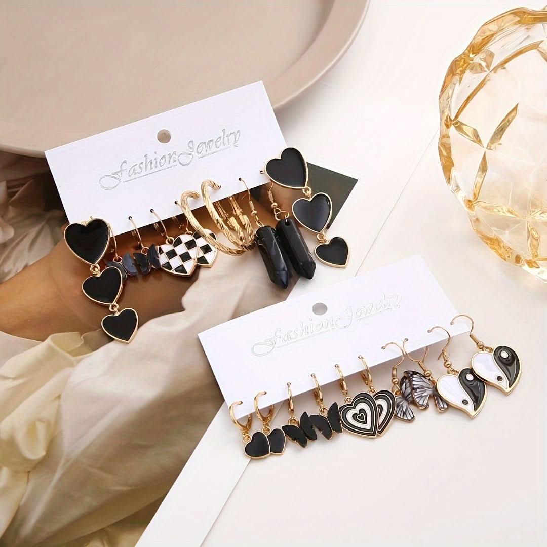 Trendy Hoop Earrings Set with Heart & Stone Pendants
