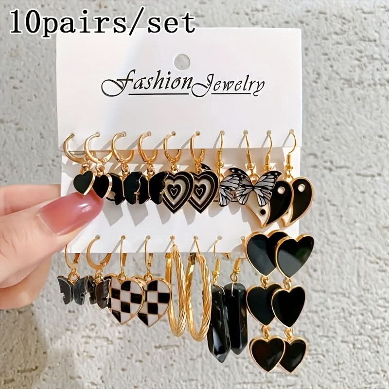 Trendy Hoop Earrings Set with Heart & Stone Pendants
