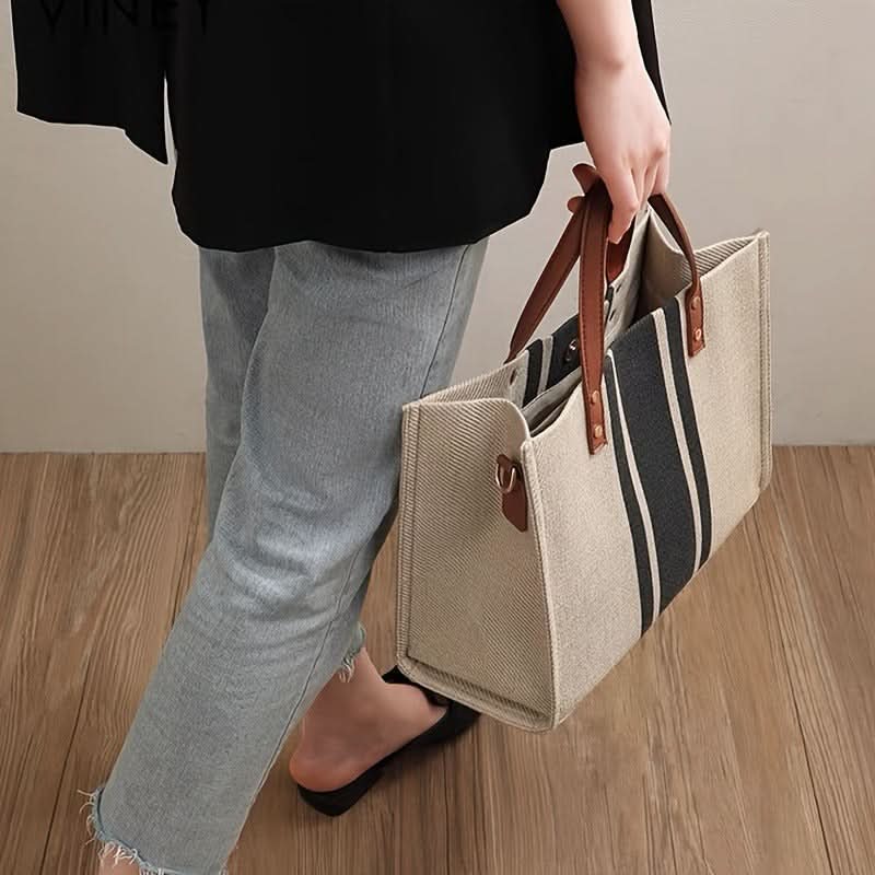 Striped Canvas Tote Bag for Women