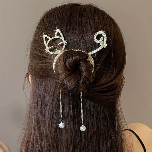 Elegant Rhinestone Cat Tassel Hair Clip