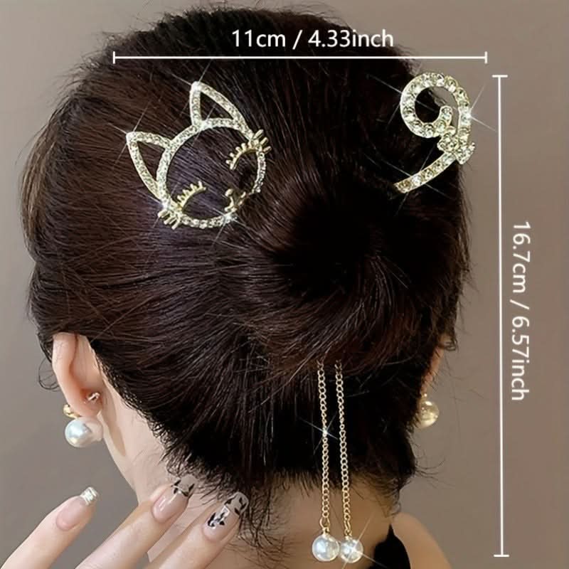 Elegant Rhinestone Cat Tassel Hair Clip