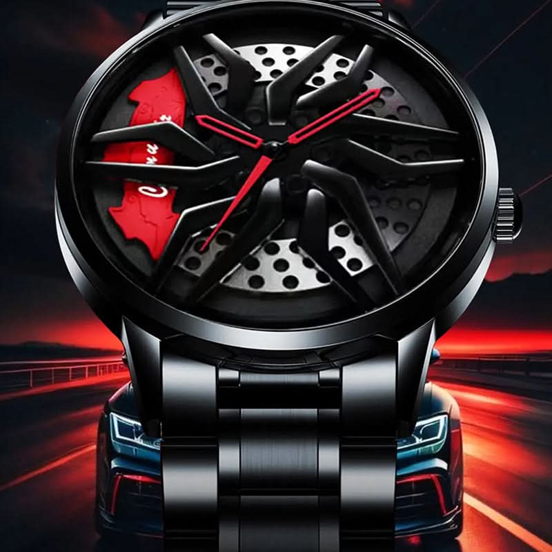 Men's Black Steel Sports Quartz Watch – Unique Wheel Dial