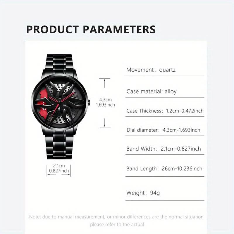 Men's Black Steel Sports Quartz Watch – Unique Wheel Dial