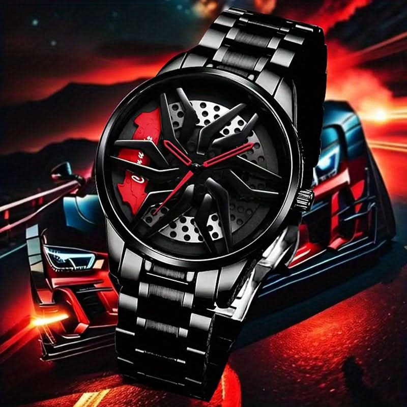 Men's Black Steel Sports Quartz Watch – Unique Wheel Dial