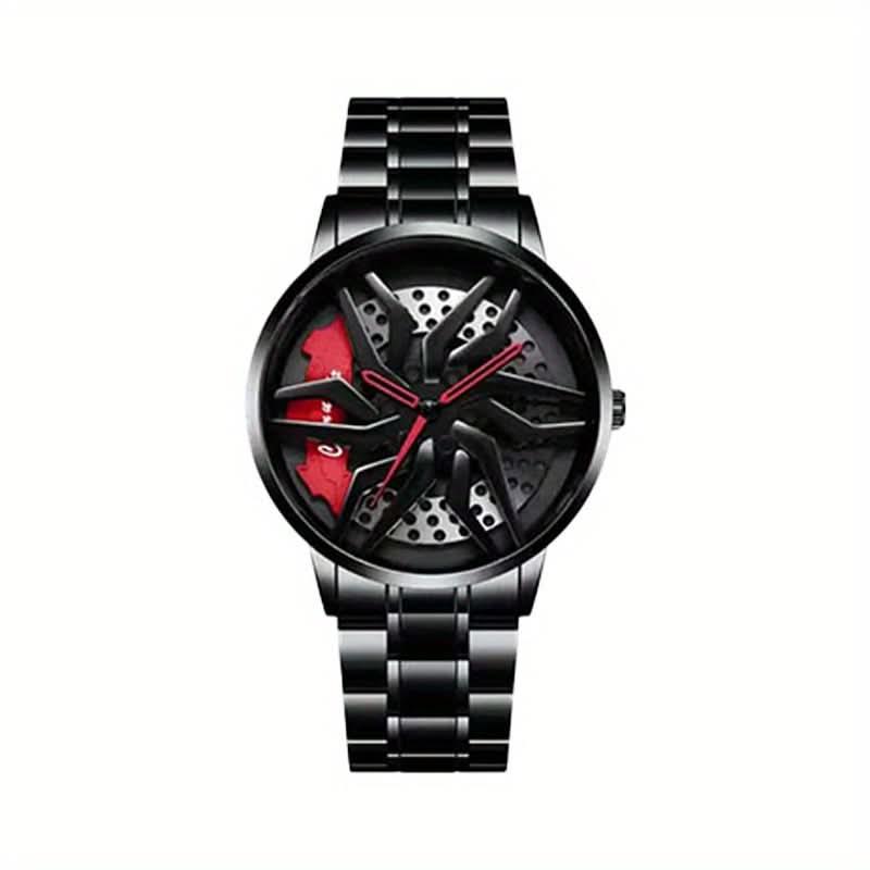 Men's Black Steel Sports Quartz Watch – Unique Wheel Dial