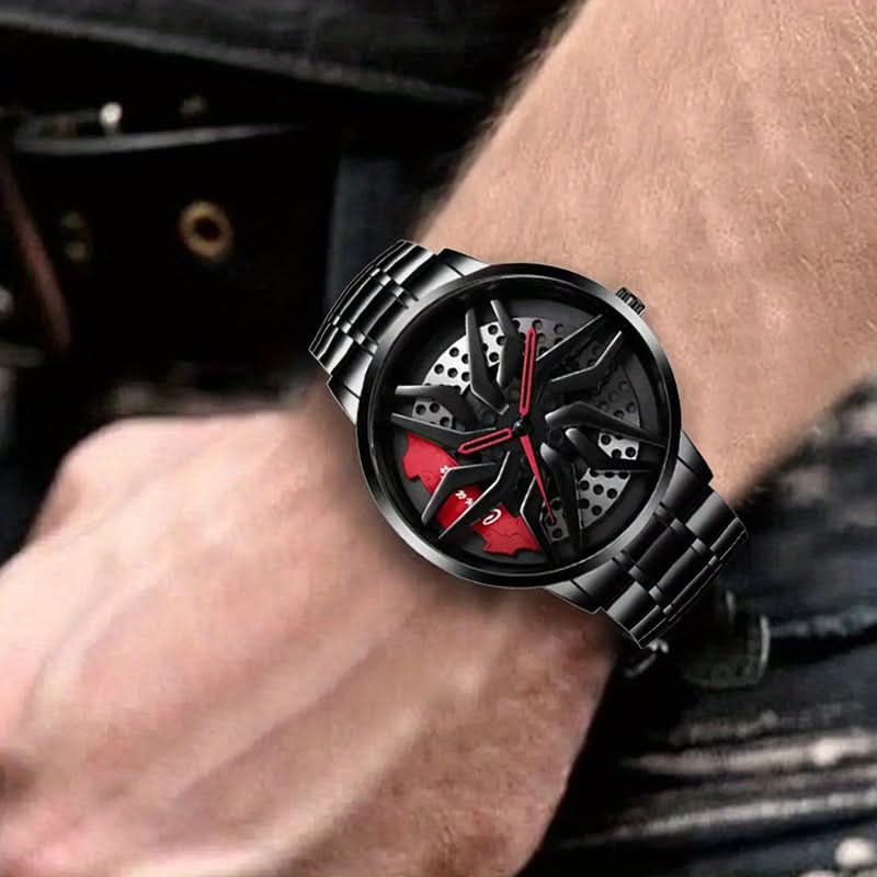 Men's Black Steel Sports Quartz Watch – Unique Wheel Dial