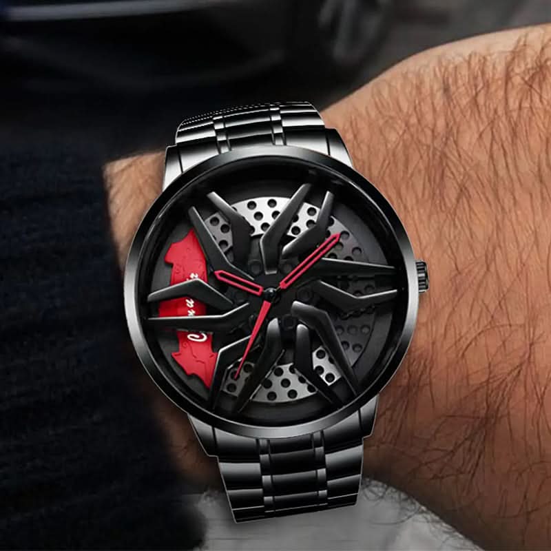 Men's Black Steel Sports Quartz Watch – Unique Wheel Dial