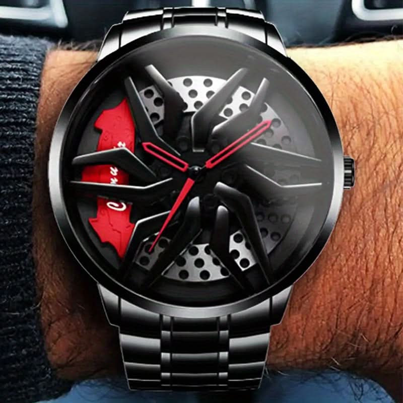 Men's Black Steel Sports Quartz Watch – Unique Wheel Dial