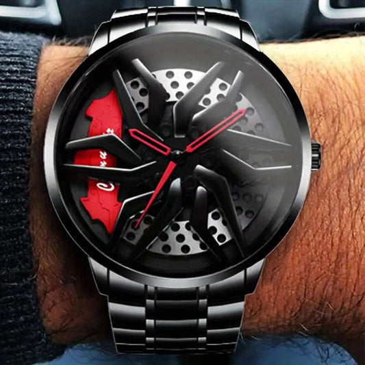 Men's Black Steel Sports Quartz Watch – Unique Wheel Dial