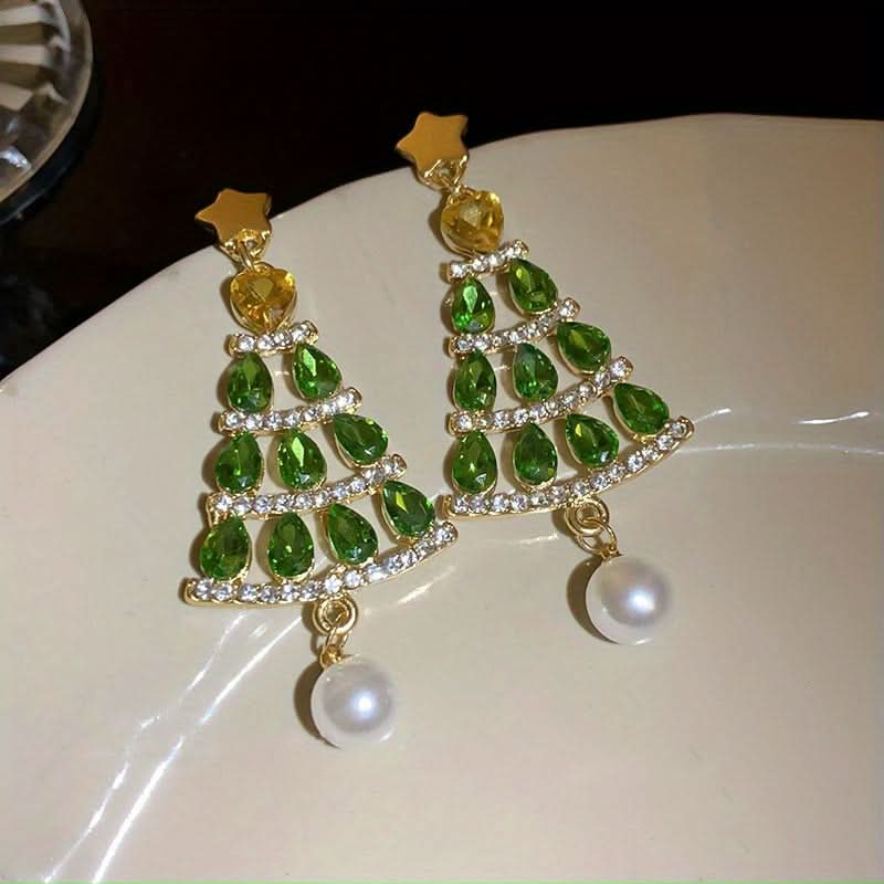 Green Christmas Tree Rhinestone Tassel Earrings