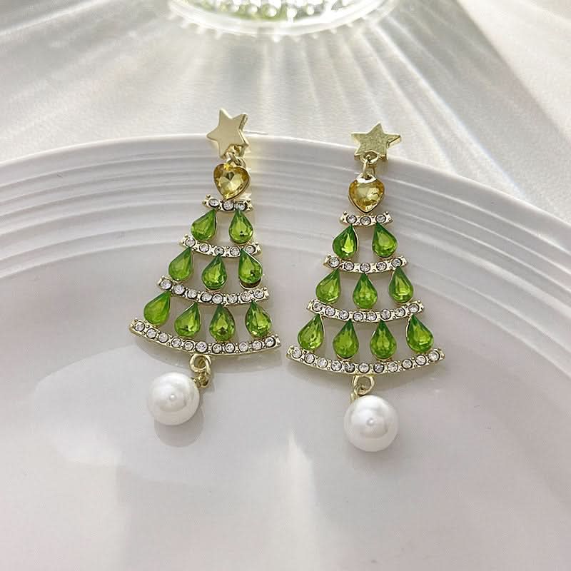 Green Christmas Tree Rhinestone Tassel Earrings