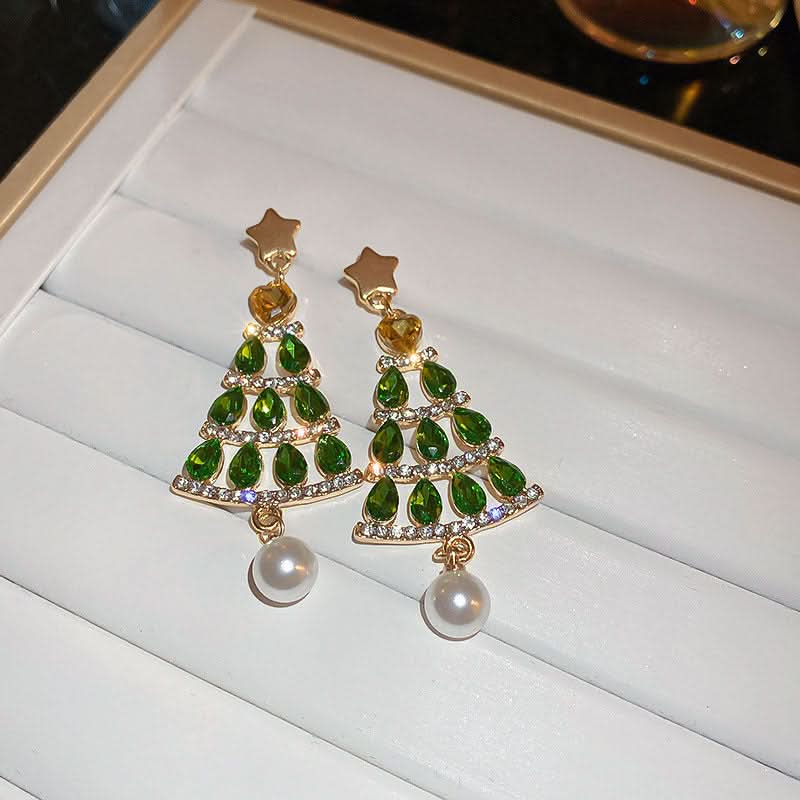 Green Christmas Tree Rhinestone Tassel Earrings
