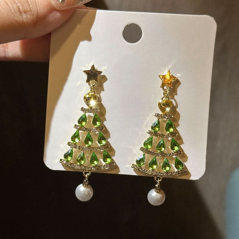 Green Christmas Tree Rhinestone Tassel Earrings