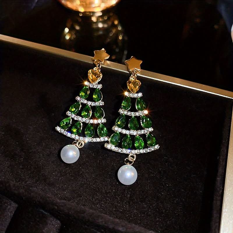 Green Christmas Tree Rhinestone Tassel Earrings