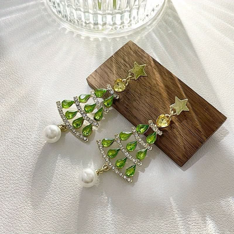 Green Christmas Tree Rhinestone Tassel Earrings