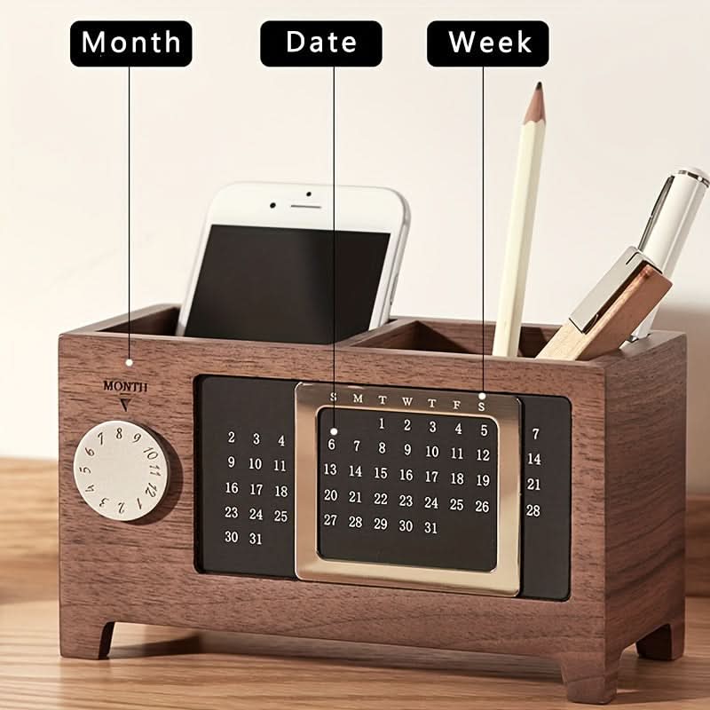 Wooden Desk Organizer with Calendar, Multi-Functional Storage