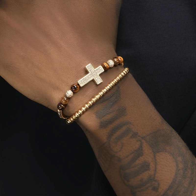 Men's 18K Gold Cross Stone Bracelet Set