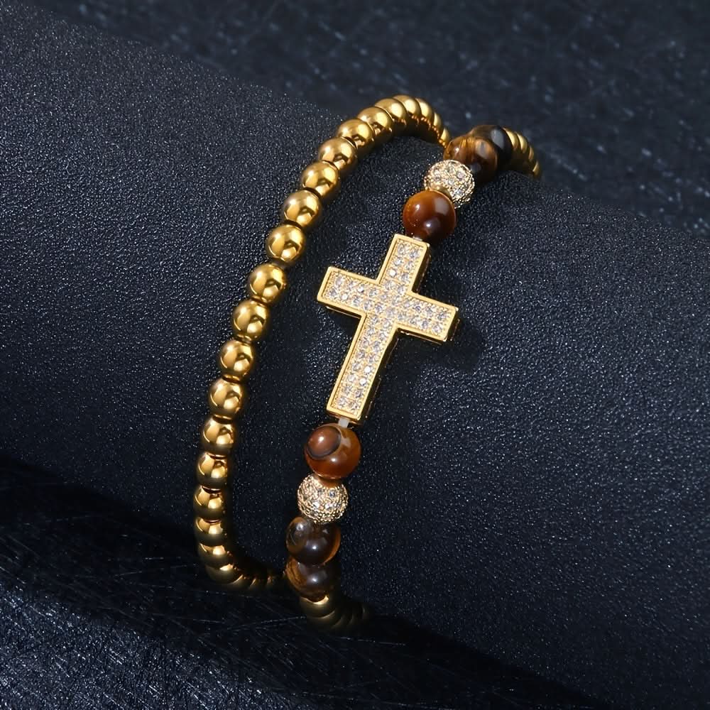 Men's 18K Gold Cross Stone Bracelet Set