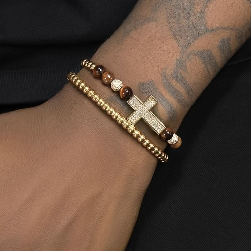 Men's 18K Gold Cross Stone Bracelet Set