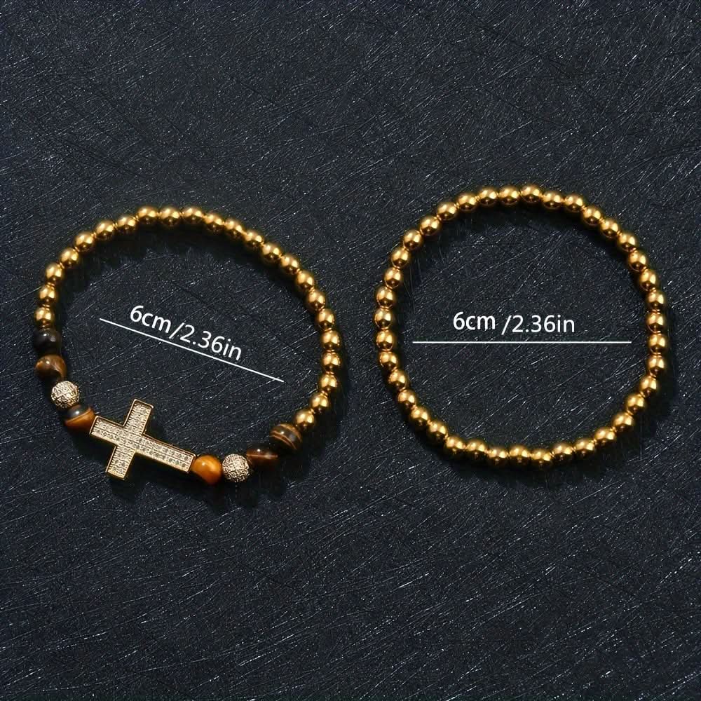 Men's 18K Gold Cross Stone Bracelet Set